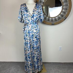 Alexia Admor Dress Womens 10 Blue Floral Maxi Wrap Puff Sleeve Elegant Summer